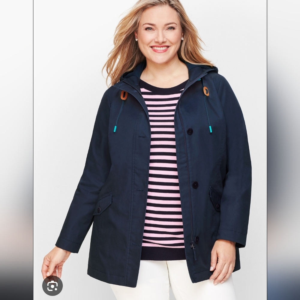 Talbots Nautical Navy Hooded Classic Jacket Size Small Navy Blue and Red